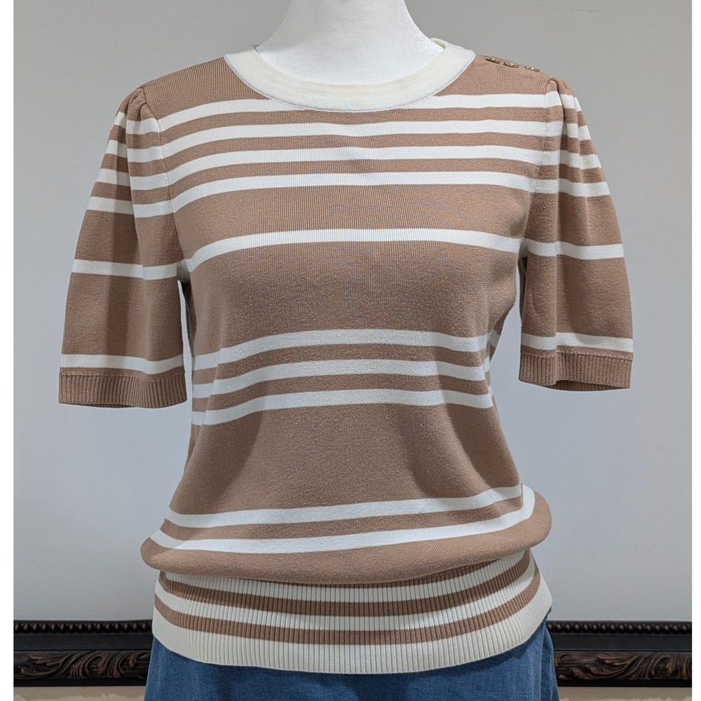 Talbots Brown White Striped Knit Short Sleeve Top Crew Neck Gold Button Accent S